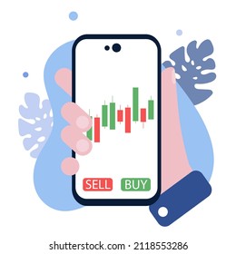 The hand is holding a smartphone. On the screen two Buy-Sell buttons. Trading. Stock trade in phone. Graph of stock market with candlestick, chart and exchange for trader. Mobile app with forex.