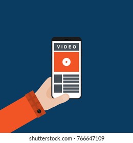 Hand Holding Smartphone with on Screen. Flat Design. Vector Illustration