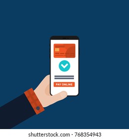 Hand Holding Smartphone with on Screen. Flat Design. Vector Illustration