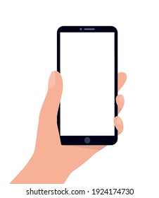 Hand holding a smartphone on a white background. Template. Flat vector illustration