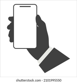 Hand holding a smartphone on a white background. Flat design