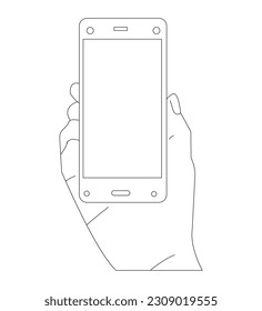 Hand holding a smartphone on a white background. Template. Flat vector illustration, Line art, eps.