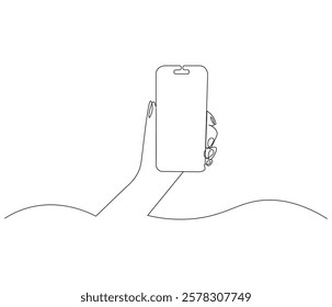 Hand holding smartphone in one continuous line drawing. Symbol of technology. Phone in simple linear style. Editable outline illustration