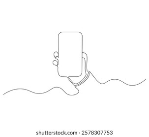 Hand holding smartphone in one continuous line drawing. Symbol of technology. Phone in simple linear style. Editable outline illustration