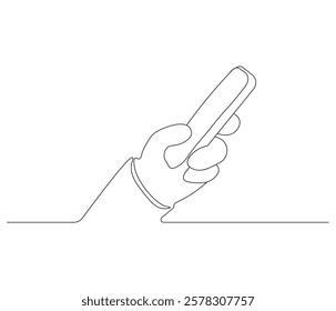 Hand holding smartphone in one continuous line drawing. Symbol of technology. Phone in simple linear style. Editable outline illustration