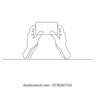 Hand holding smartphone in one continuous line drawing. Symbol of technology. Phone in simple linear style. Editable outline illustration