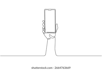 Mão segurando o smartphone em um desenho de linha contínua. símbolo de tecnologia, smartphone, segurando a arte da linha de conceito. ilustração vetorial de contorno editável.