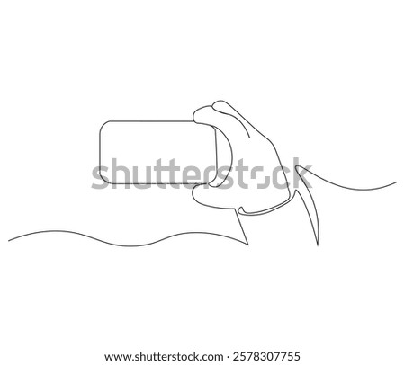 Hand holding smartphone in one continuous line drawing. Symbol of technology. Phone in simple linear style. Editable outline illustration