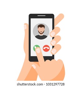 Hand Holding Smartphone With One Finger Over Touchscreen. Vector illustration isolated on white background.