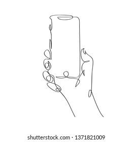 Hand holding smartphone. One line vector drawing