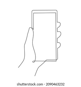 Hand holding smartphone one line art, continuous contour. Mobile device with blank screen.Doodle, sketch style, minimalist design. Editable stroke. Isolated. Vector illustration