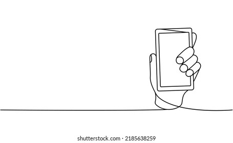 Hand holding smartphone one line continuous drawing. Hand with phone continuous one line illustration. Vector minimalist linear illustration