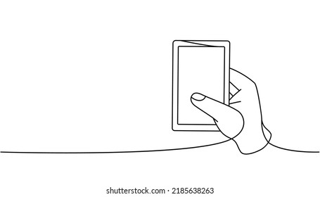 Hand holding smartphone one line continuous drawing. Hand with phone continuous one line illustration. Vector minimalist linear illustration