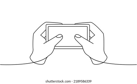 Hand holding smartphone one line continuous drawing. Hand with phone continuous one line illustration. Vector minimalist linear illustration