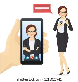 Hand holding smartphone with online business woman video chat vector illustration