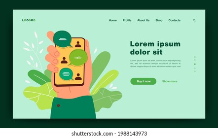 Hand holding smartphone with online chat interface, sent and received messages on screen. Vector illustration for messenger, communication, chatting app concept