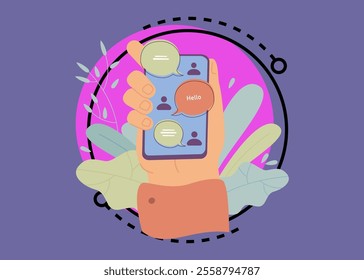 Hand holding smartphone with online chat interface, sent and received messages on screen. Vector illustration for messenger, communication, chatting app concept