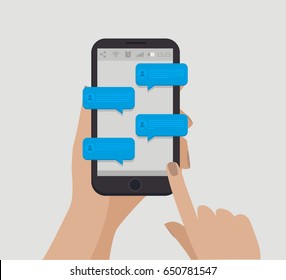 Hand holding smartphone. Online chat concept. Vector illustration. Online communication. Chat notification. Speech bubbles. Flat style. User interface.