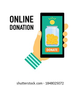 Hand Holding Smartphone For Online Donation In Flat Design. Time For Charity Concept Vector Illustration. Money Donation Campaign.