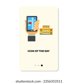 Hand holding smartphone with online map flat vector icon. Hospital location on navigation app isolated vector illustration. Medicine, application, internet services concept for web design and apps