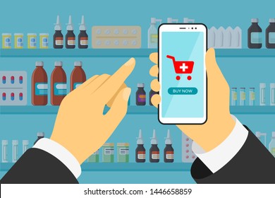 Hand holding smartphone online mobile pharmacy shopping app with button buy now. Medicine pills capsules bottles vitamins and tablets on interior store shelves. Flat drugstore vector illustration