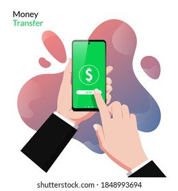 Hand holding smartphone with online money transfer app concept. Technology for online business with liquid background vector illustration.