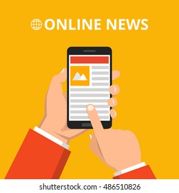 Hand holding smartphone with online news on the screen. Mobile content concept. Flat vector illustration.