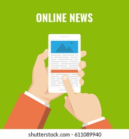 Hand holding smartphone with online news on the screen. Mobile content concept. Flat vector illustration.