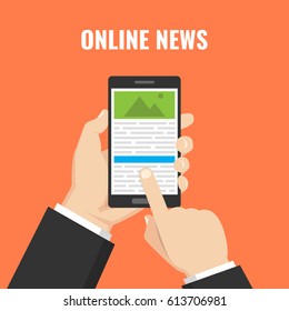 Hand holding smartphone with online news on the screen. Mobile content concept. Flat vector illustration.