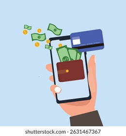 Hand holding smartphone online payment wallet and transfer money. Hand holding phone with money and credit cards on device screen vector Illustrations.