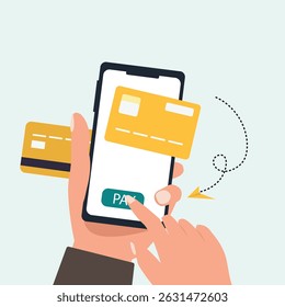 Hand holding smartphone online payment on mobile phone with credit card or debit card of secure payment and money transfer, digital payment concept vector illustration.