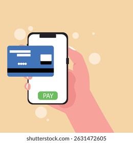 Hand holding smartphone online payment on mobile phone with credit card or debit card of secure payment and money transfer, digital payment concept vector illustration.