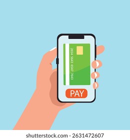 Hand holding smartphone online payment on mobile phone with credit card or debit card of secure payment and money transfer, digital payment concept vector illustration.
