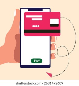 Hand holding smartphone online payment on mobile phone with credit card or debit card of secure payment and money transfer, digital payment concept vector illustration.