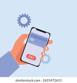 Hand holding smartphone online payment on mobile phone with credit card or debit card of secure payment and money transfer, digital payment concept vector illustration.