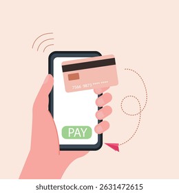 Hand holding smartphone online payment on mobile phone with credit card or debit card of secure payment and money transfer, digital payment concept vector illustration.