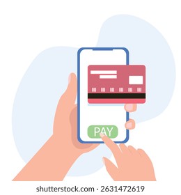 Hand holding smartphone online payment on mobile phone with credit card or debit card of secure payment and money transfer, digital payment concept vector illustration.