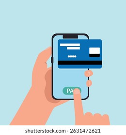 Hand holding smartphone online payment on mobile phone with credit card or debit card of secure payment and money transfer, digital payment concept vector illustration.