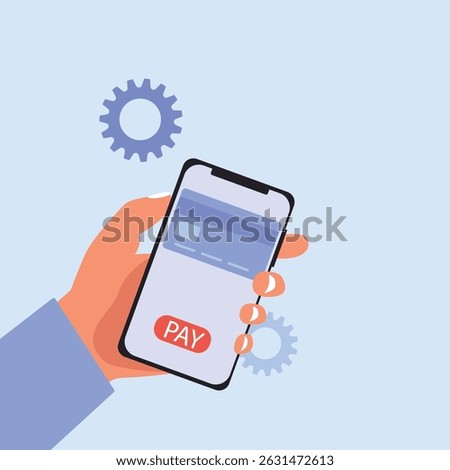 Hand holding smartphone online payment on mobile phone with credit card or debit card of secure payment and money transfer, digital payment concept vector illustration.