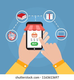 hand holding smartphone with online shopping icon vector design