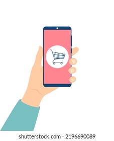 Hand holding smartphone with online shopping application on screen. Flat vector illustration