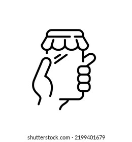 Hand holding smartphone. Online shopping app. Pixel perfect, editable stroke line icon