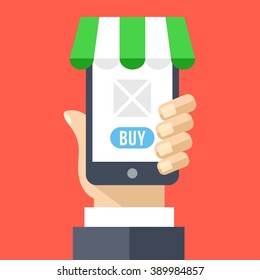 Hand holding smartphone with online store application. E-commerce, internet retail, buy online. Modern concept for web banners, web sites, infographics. Creative flat design vector illustration