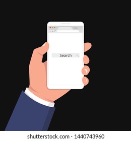Hand holding smartphone. Open blank browser. Vector illustration.