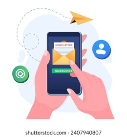 Mano con smartphone con sobre abierto y documento, Subscríbase a la plantilla del vector de ilustración plana del boletín, concepto de email marketing para página de inicio, banner del sitio web, infografía, aplicación móvil