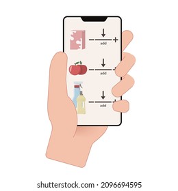 Hand holding smartphone with open e-store app. Online shopping concept. Ordering food at home and in the office. Vector illustration isolated on white background.