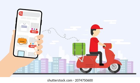 Hand holding smartphone open shopping online application to buy. Delivery man ride motorcycle. Transportation concept. Logistics Business. Deliver Truck. Online store. City scape. Illustrations EPS 10