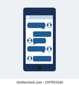 Hand holding a smartphone with opened messenger app window. Vector illustration