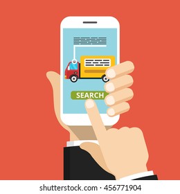 Hand holding smartphone with order tracking on the screen. Vector flat illustration.