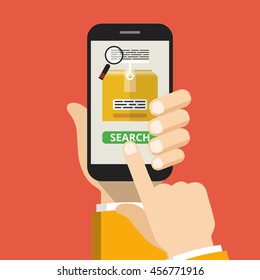 Hand holding smartphone with order tracking on the screen. Vector flat illustration.